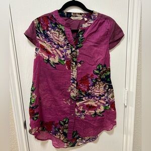 Soft Surroundings Button Up Tunic Purple Floral Silk Cotton Short Sleeve Size S